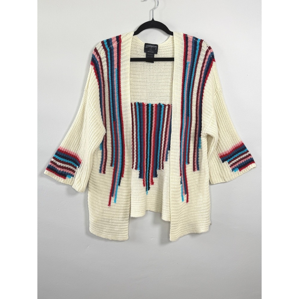 Stussy Cardigan Women M Cream Multi Stripe Kimono Open Front Knit Sweater Beach